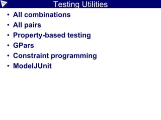 DSLs:
command
chains
class TestSimpBlogDsl extends BlogTestCase {
private the, has, a, with, heading
void setUp() {
super.setUp()
}
def post(_a) {
[
blog: { _with ->
[title: { postTitle ->
[and: { __with ->
[author: { postAuthor ->
[and: { ___with ->
[category: { postCategory ->
[and: { ____with ->
[content: { postContent ->
postBlog(title: postTitle,
author:postAuthor,
content:postContent,
category: postCategory)
} ]} ]} ]} ]} ]} ]} ]}
]
}
def check(_the) {
[
browser: { _has -> [title: { checkTitle it }]},
main: { _heading -> [matches: { checkHeadingMatches it }]},
category: { _has -> [value: { checkSubheading 1, "Category: $it" }]},
author: { _has -> [value: { checkSubheading 2, "Author: $it" }]},
blog: { _has -> [text: { checkPostText it }]}
]
}
// ...
 