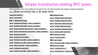 Simple Installation:Adding RPZ zones
Following RPZ zones were added at the end of the /etc/bind/named.conf.options using t...