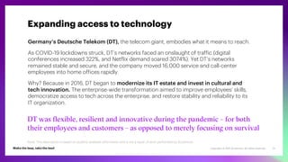 Copyright © 2021 Accenture. All rights reserved. 13
Germany’s Deutsche Telekom (DT), the telecom giant, embodies what it means to reach.
As COVID-19 lockdowns struck, DT’s networks faced an onslaught of traffic (digital
conferences increased 322%, and Netflix demand soared 3074%). Yet DT’s networks
remained stable and secure, and the company moved 16,000 service and call-center
employees into home offices rapidly.
Why? Because in 2016, DT began to modernize its IT estate and invest in cultural and
tech innovation. The enterprise-wide transformation aimed to improve employees’ skills,
democratize access to tech across the enterprise, and restore stability and reliability to its
IT organization.
DT was flexible, resilient and innovative during the pandemic – for both
their employees and customers – as opposed to merely focusing on survival
Expanding access to technology
Note: This description is based on publicly available information and is not a result of work performed by Accenture.
 
