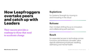 7
Their success provides a
roadmap to those that need
to accelerate change
Replatform
for Systems Strength by moving to
and innovating in the cloud
Reframe
their mindset shifting focus to innovation
and collaborating with partners
Reach
for expanded access to technology across
functions and embrace a broader value
agenda addressing employee reskilling,
well-being and mental health.
How Leapfroggers
overtake peers
and catch up with
Leaders
 