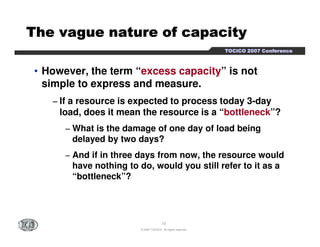 TTTTTTTThhhhhhhheeeeeeee vvvvvvvvaaaaaaaagggggggguuuuuuuueeeeeeee nnnnnnnnaaaaaaaattttttttuuuuuuuurrrrrrrreeeeeeee ooooooooffffffff ccccccccaaaaaaaappppppppaaaaaaaacccccccciiiiiiiittttttttyyyyyyyy 
TTTTOOOOCCCCIIIICCCCOOOO 2222000000007777 CCCCoooonnnnffffeeeerrrreeeennnncccceeee 
• However, the term “excess capacity” is not 
simple to express and measure. 
− If a resource is expected to process today 3-day 
load, does it mean the resource is a “bottleneck”? 
−What is the damage of one day of load being 
delayed by two days? 
− And if in three days from now, the resource would 
have nothing to do, would you still refer to it as a 
“bottleneck”? 
10 
© 2007 TOCICO. All rights reserved. 
 