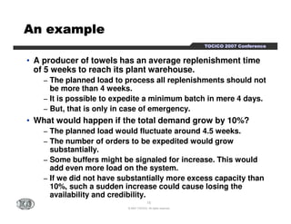 TTTTOOOOCCCCIIIICCCCOOOO 2222000000007777 CCCCoooonnnnffffeeeerrrreeeennnncccceeee 
AAAAAAAAnnnnnnnn eeeeeeeexxxxxxxxaaaaaaaammmmmmmmpppppppplllllllleeeeeeee 
• A producer of towels has an average replenishment time 
of 5 weeks to reach its plant warehouse. 
− The planned load to process all replenishments should not 
be more than 4 weeks. 
− It is possible to expedite a minimum batch in mere 4 days. 
− But, that is only in case of emergency. 
• What would happen if the total demand grow by 10%? 
− The planned load would fluctuate around 4.5 weeks. 
− The number of orders to be expedited would grow 
substantially. 
− Some buffers might be signaled for increase. This would 
add even more load on the system. 
− If we did not have substantially more excess capacity than 
10%, such a sudden increase could cause losing the 
availability and credibility. 
15 
© 2007 TOCICO. All rights reserved. 
 