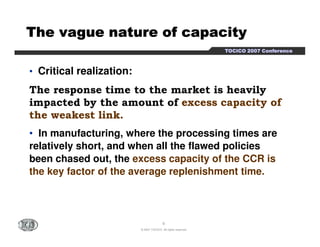 TTTTTTTThhhhhhhheeeeeeee vvvvvvvvaaaaaaaagggggggguuuuuuuueeeeeeee nnnnnnnnaaaaaaaattttttttuuuuuuuurrrrrrrreeeeeeee ooooooooffffffff ccccccccaaaaaaaappppppppaaaaaaaacccccccciiiiiiiittttttttyyyyyyyy 
TTTTOOOOCCCCIIIICCCCOOOO 2222000000007777 CCCCoooonnnnffffeeeerrrreeeennnncccceeee 
• Critical realization: 
The response time to the market is heavily 
impacted by the amount of excess capacity of 
the weakest link. 
• In manufacturing, where the processing times are 
relatively short, and when all the flawed policies 
been chased out, the excess capacity of the CCR is 
the key factor of the average replenishment time. 
9 
© 2007 TOCICO. All rights reserved. 
 