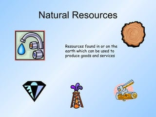 Natural Resources Resources found in or on the earth which can be used to produce goods and services 