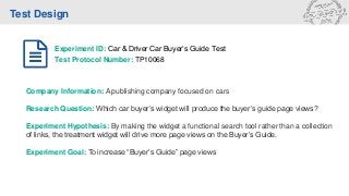 Test Design
Experiment ID: Car & Driver Car Buyer’s Guide Test
Test Protocol Number: TP10068
Company Information: A publishing company focused on cars
Research Question: Which car buyer’s widget will produce the buyer’s guide page views?
Experiment Hypothesis: By making the widget a functional search tool rather than a collection
of links, the treatment widget will drive more page views on the Buyer’s Guide.
Experiment Goal: To increase “Buyer’s Guide” page views
 