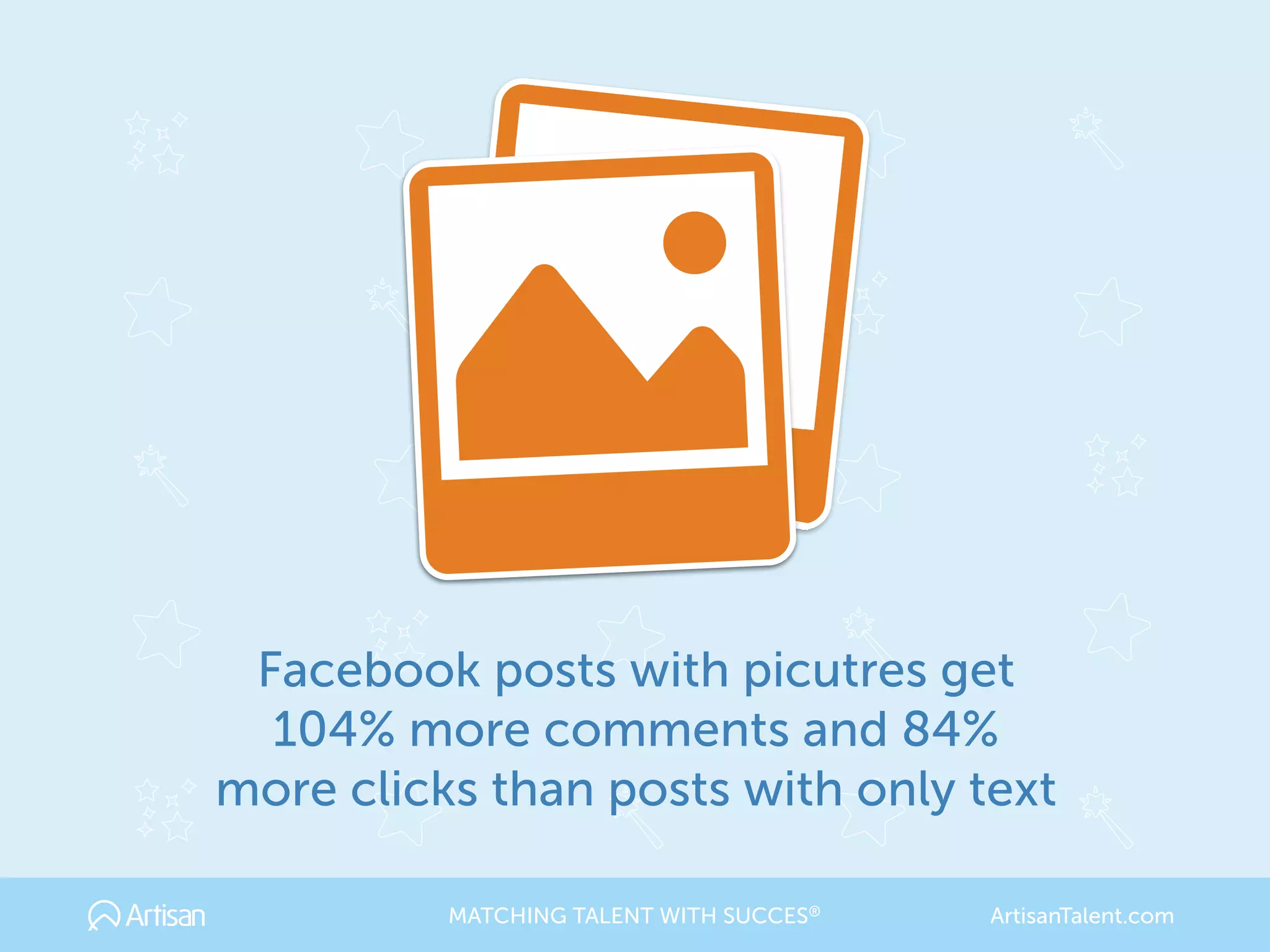 Facebook posts with picutres get
104% more comments and 84%
more clicks than posts with only text
MATCHING TALENT WITH SUCCES® ArtisanTalent.com
 