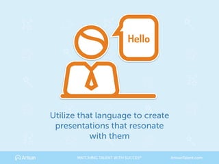 Utilize that language to create
presentations that resonate
with them
Hello
MATCHING TALENT WITH SUCCES® ArtisanTalent.com
 
