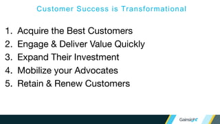 Customer Success is Transformational
1. Acquire the Best Customers
2. Engage & Deliver Value Quickly
3. Expand Their Investment
4. Mobilize your Advocates
5. Retain & Renew Customers
 