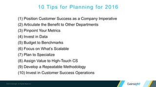 ©2015 Gainsight. All Rights Reserved.
10 Tips for Planning for 2016
(1) Position Customer Success as a Company Imperative
(2) Articulate the Benefit to Other Departments
(3) Pinpoint Your Metrics
(4) Invest in Data
(5) Budget to Benchmarks
(6) Focus on What’s Scalable
(7) Plan to Specialize
(8) Assign Value to High-Touch CS
(9) Develop a Repeatable Methodology
(10) Invest in Customer Success Operations
 