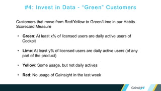 Customers that move from Red/Yellow to Green/Lime in our Habits
Scorecard Measure
• Green: At least x% of licensed users are daily active users of
Cockpit
• Lime: At least y% of licensed users are daily active users (of any
part of the product)
• Yellow: Some usage, but not daily actives
• Red: No usage of Gainsight in the last week
#4: Invest in Data - “Green” Customers
 