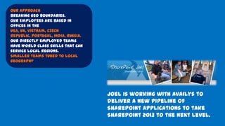 Our Approach
Breaking Geo Boundaries.
Our Employees are based in
offices in the
USA, UK, Vietnam, Czech
republic, Portugal, India, Russia.
Our directly employed teams
have World Class skills that can
service local regions.
Smaller teams tuned to local
Geography
Joel is working with Availys to
deliver a new pipeline of
SharePoint Applications to take
SharePoint 2013 to the next level.
 