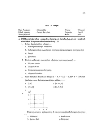 101
Soal Tes Fungsi
Mata Pelajaran : Matematika Waktu : 80 menit
Pokok bahasan : Fungsi dan relasi Semester : Ganjil
Nama/presensi : Kelas : VIII
A. Pilihlah satu jawaban yang paling benar pada huruf a, b, c, atau d yang telah
disediakan dengan memberi tanda silang (X)!
1. Relasi dapat diartikan sebagai…..
a. hubungan beberapa himpunan
b. hubungan antara anggota satu himpunan dengan anggota himpunan lain
c. fungsi
d. pemetaan
2. Berikut adalah cara menyatakan relasi dua himpunan, kecuali ....
a. diagram panah
b. diagram Venn
c. himpunan pasangan berurutan
d. diagram Cartesius
3. Suatu pemetaan dinyatakan dengan ܽ → ܾ, ܾ → ܾ, ܿ → ݀, ݀ܽ݊ ݀ → ܿ. Daerah
hasil atau range dari pemetaan di atas adalah …….
a. ሼܿ, ݀ሽ c. ሼܽ,ܾ, ܿ, ݀ሽ
b. ሼܾ,ܿ, ݀ሽ d. ሼܽ, ܾ, ݀,ܿሽ
c.
4.
Diagram cartesius pada gambar di atas menunjukkan hubungan atau relasi
…..
a. lebih dari c. kuadrat dari
b. kurang dari d. faktor dari
P
Q
2
6
4
532
 