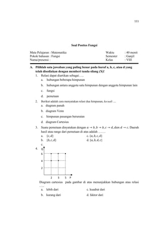 111
Soal Posttes Fungsi
Mata Pelajaran : Matematika Waktu : 40 menit
Pokok bahasan : Fungsi Semester : Ganjil
Nama/presensi : Kelas : VIII
A. Pilihlah satu jawaban yang paling benar pada huruf a, b, c, atau d yang
telah disediakan dengan memberi tanda silang (X)!
1. Relasi dapat diartikan sebagai…..
a. hubungan beberapa himpunan
b. hubungan antara anggota satu himpunan dengan anggota himpunan lain
c. fungsi
d. pemetaan
2. Berikut adalah cara menyatakan relasi dua himpunan, kecuali ....
a. diagram panah
b. diagram Venn
c. himpunan pasangan berurutan
d. diagram Cartesius
3. Suatu pemetaan dinyatakan dengan ܽ → ܾ, ܾ → ܾ, ܿ → ݀, ݀ܽ݊ ݀ → ܿ. Daerah
hasil atau range dari pemetaan di atas adalah …….
a. ሼܿ, ݀ሽ c. ሼܽ,ܾ, ܿ, ݀ሽ
b. ሼܾ, ܿ, ݀ሽ d. ሼܽ, ܾ, ݀,ܿሽ
c.
4.
Diagram cartesius pada gambar di atas menunjukkan hubungan atau relasi
…..
a. lebih dari c. kuadrat dari
b. kurang dari d. faktor dari
P
Q
2
6
4
532
 
