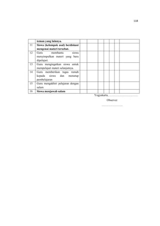 118
teman yang lainnya.
11 Siswa (kelompok asal) berdiskusi
mengenai materi tersebut.
12 Guru membantu siswa
menyimpulkan materi yang baru
dipelajari.
13 Guru mengingatkan siswa untuk
mempelajari materi selanjutnya.
14 Guru memberikan tugas rumah
kepada siswa dan menutup
pembelajaran
15 Guru mengakhiri pelajaran dengan
salam
16 Siswa menjawab salam
Yogyakarta, …………………………
Observer
………………….
 