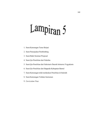 142
1. Surat Keterangan Tema Skripsi
2. Surat Penunjukan Pembimbing
3. Surat Bukti Seminar Proposal
4. Surat Ijin Penelitian dari Fakultas
5. Surat Ijin Penelitian dari Sekretaris Daerah Istimewa Yogyakarta
6. Surat Ijin Penelitian dari Bappeda Kabupaten Bantul
7. Surat Keterangan telah melakukan Penelitian di Sekolah
8. Surat Keterangan Validasi Instrumen
9. Curriculum Vitae
 