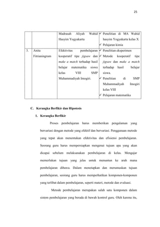 25
Madrasah Aliyah Wahid
Hasyim Yogyakarta
Penelitian di MA Wahid
hasyim Yogyakarta kelas X
Pelajaran kimia
3. Anita
Fitrianingrum
Efektivitas pembelajaran
kooperatif tipe jigsaw dan
make a match terhadap hasil
belajar matematika siswa
kelas VIII SMP
Muhammadiyah Imogiri.
Penelitian eksperimen
Metode kooperatif tipe
jigsaw dan make a match
terhadap hasil belajar
siswa.
Penelitian di SMP
Muhammadiyah Imogiri
kelas VIII
Pelajaran matematika
C. Kerangka Berfikir dan Hipotesis
1. Kerangka Berfikir
Proses pembelajaran harus memberikan pengalaman yang
bervariasi dengan metode yang efektif dan bervariasi. Penggunaan metode
yang tepat akan menentukan efektivitas dan efisiensi pembelajaran.
Seorang guru harus mempersiapkan mengenai tujuan apa yang akan
dicapai sebelum melaksanakan pembelajaran di kelas. Mengajar
memerlukan tujuan yang jelas untuk menuntun ke arah mana
pembelajaran dibawa. Dalam menetapkan dan merumuskan tujuan
pembelajaran, seorang guru harus memperhatikan komponen-komponen
yang terlibat dalam pembelajaran, seperti materi, metode dan evaluasi.
Metode pembelajaran merupakan salah satu komponen dalam
sistem pembelajaran yang berada di bawah kontrol guru. Oleh karena itu,
 