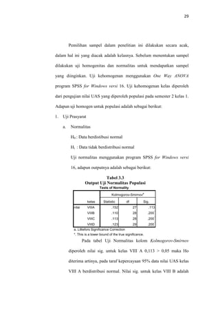29
Pemilihan sampel dalam penelitian ini dilakukan secara acak,
dalam hal ini yang diacak adalah kelasnya. Sebelum menentukan sampel
dilakukan uji homogenitas dan normalitas untuk mendapatkan sampel
yang diinginkan. Uji kehomogenan menggunakan One Way ANOVA
program SPSS for Windows versi 16. Uji kehomogenan kelas diperoleh
dari pengujian nilai UAS yang diperoleh populasi pada semester 2 kelas 1.
Adapun uji homogen untuk populasi adalah sebagai berikut:
1. Uji Prasyarat
a. Normalitas
H0 : Data berdistibusi normal
Hi : Data tidak berdistribusi normal
Uji normalitas menggunakan program SPSS for Windows versi
16, adapun outputnya adalah sebagai berikut:
Tabel 3.3
Output Uji Normalitas Populasi
Tests of Normality
kelas
Kolmogorov-Smirnov
a
Statistic df Sig.
nilai VIIIA .152 27 .113
VIIIB .110 28 .200
*
VIIIC .113 28 .200
*
VIIID .123 29 .200
*
a. Lilliefors Significance Correction
*. This is a lower bound of the true significance.
Pada tabel Uji Normalitas kolom Kolmogorov-Smirnov
diperoleh nilai sig. untuk kelas VIII A 0,113 > 0,05 maka Ho
diterima artinya, pada taraf kepercayaan 95% data nilai UAS kelas
VIII A berdistribusi normal. Nilai sig. untuk kelas VIII B adalah
 