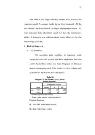 44
Dari tabel di atas dapat diketahui rata-rata nilai posttest kelas
eksperimen adalah 5,6 dengan standar deviasi (penyimpangan) 1,58 dan
nilai rata-rata kelas kontrol adalah 3,9 dengan penyimpangan sebesar 1,37.
Nilai maksimum kelas eksperimen adalah 8,6 dan nilai minimumnya
adalah 3,3. Sedangkan nilai maksimum kelas kontrol adalah 6,6 dan nilai
minimumnya adalah 2,0.
2. Hasil Uji Prasyarat
a. Uji Normalitas
Uji normalitas pada penelitian ini digunakan untuk
mengetahui data hasil posttest pada kelas eksperimen dan kelas
kontrol berdistribusi normal atau tidak. Pengujian ini dilakukan
dengan bantuan program SPSS for windows versi 16. Adapun hasil
uji normalitas dapat dilihat pada tabel berikut
Tabel 4.2
Output Uji Normalitas Nilai Posttest
Tests of Normality
kelas
Kolmogorov-Smirnov
a
Statistic df Sig.
nilai VIII_C .126 26 .200
*
VIII_B .154 26 .116
a. Lilliefors Significance Correction
*. This is a lower bound of the true significance.
Pegujian Hipotesis:
H1 : data tidak berdistribusi normal
H0 : data berdistribusi normal
 