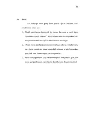 53
B. Saran
Ada beberapa saran yang dapat penulis ajukan berkaitan hasil
penelitian ini antara lain :
1. Model pembelajaran kooperatif tipe jigsaw dan make a match dapat
digunakan sebagai alternatif pembelajaran untuk meningkatkan hasil
belajar matematika siswa pokok bahasan relasi dan fungsi.
2. Dalam proses pembelajaran masih memerlukan adanya perbaikan yaitu
guru dapat memotivasi siswa untuk aktif sehingga terjalin komunikasi
yang baik antar siswa ataupun guru dengan siswa.
3. Perlu adanya persiapan yang lebih matang baik dari peneliti, guru, dan
siswa agar pelaksanaan pembelajaran dapat berjalan dengan maksimal.
 
