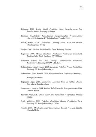 55
Riduwan. 2008. Belajar Mudah Penelitian Untuk Guru-Karyawan Dan
Peneliti Semula. Bandung: Alfabeta.
Rusman. Model-Model Pembelajaran Mengembangkan Profesionalisme
Guru. 2010. Jakarta : PT Raja Grafindo Persada: 2010
Slavin, Robert. 2005. Cooperative Learning: Teori, Riset dan Praktik,
Bandung: Nusa Media.
Sudjana. 2005. Metode Statistika Edisi Enam. Bandung: Tarsito.
Sugiyono. 2009. Metode Penelitian Pendidikan Pendekatan Kuantitatif,
Kualitatif, dan R&D, Bandung: CV Alfabeta.
Suherman, Erman, dkk. 2003. Strategi Pembelajaran matematika
Kontemporer. Bandung: FMIPA UPI-JICA.
Sukmadinata, Nana Syaodih. 2005. Landasan Psikologi Proses Pendidikan.
Bandung: PT Remaja Rosdakarya.
Sukmadinata, Nana Syaodih. 2009. Metode Penelitian Pendidikan. Bandung:
Remaja Rosdakarya.
Suprijono, Agus. 2010. Cooperative Learning Teori & Aplikasi Pakem.
Yogyakarta: Pustaka pelajar.
Surapranata, Sumarna.2004. Analisis, Reliabilitas dan Intrerpretasi Hasil Tes.
Jakarta: Rosda
Suwarno, Wiji.2006. Dasar-Dasar Ilmu Pendidikan. Yogyakarta: Ar-Ruzz
Media
Syah, Muhibbin. 2006. Psikologi Pendidikan dengan Pendekatan Baru.
Bandung: PT Remaja Rosdakarya Offset.
Trianto. 2009. Mendesain Model Pembelajaran Inovatif-Progresif. Jakarta:
Prenada Media
 
