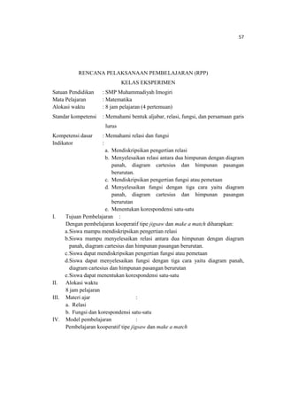 57
RENCANA PELAKSANAAN PEMBELAJARAN (RPP)
KELAS EKSPERIMEN
Satuan Pendidikan : SMP Muhammadiyah Imogiri
Mata Pelajaran : Matematika
Alokasi waktu : 8 jam pelajaran (4 pertemuan)
Standar kompetensi : Memahami bentuk aljabar, relasi, fungsi, dan persamaan garis
lurus
Kompetensi dasar : Memahami relasi dan fungsi
Indikator :
a. Mendiskripsikan pengertian relasi
b. Menyelesaikan relasi antara dua himpunan dengan diagram
panah, diagram cartesius dan himpunan pasangan
berurutan.
c. Mendiskripsikan pengertian fungsi atau pemetaan
d. Menyelesaikan fungsi dengan tiga cara yaitu diagram
panah, diagram cartesius dan himpunan pasangan
berurutan
e. Menentukan korespondensi satu-satu
I. Tujuan Pembelajaran :
Dengan pembelajaran kooperatif tipe jigsaw dan make a match diharapkan:
a.Siswa mampu mendiskripsikan pengertian relasi
b.Siswa mampu menyelesaikan relasi antara dua himpunan dengan diagram
panah, diagram cartesius dan himpunan pasangan berurutan.
c.Siswa dapat mendiskripsikan pengertian fungsi atau pemetaan
d.Siswa dapat menyelesaikan fungsi dengan tiga cara yaitu diagram panah,
diagram cartesius dan himpunan pasangan berurutan
e.Siswa dapat menentukan korespondensi satu-satu
II. Alokasi waktu
8 jam pelajaran
III. Materi ajar :
a. Relasi
b. Fungsi dan korespondensi satu-satu
IV. Model pembelajaran :
Pembelajaran kooperatif tipe jigsaw dan make a match
 