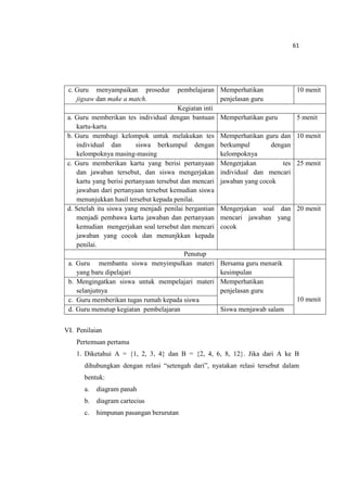 61
c. Guru menyampaikan prosedur pembelajaran
jigsaw dan make a match.
Memperhatikan
penjelasan guru
10 menit
Kegiatan inti
a. Guru memberikan tes individual dengan bantuan
kartu-kartu
Memperhatikan guru 5 menit
b. Guru membagi kelompok untuk melakukan tes
individual dan siswa berkumpul dengan
kelompoknya masing-masing
Memperhatikan guru dan
berkumpul dengan
kelompoknya
10 menit
c. Guru memberikan kartu yang berisi pertanyaan
dan jawaban tersebut, dan siswa mengerjakan
kartu yang berisi pertanyaan tersebut dan mencari
jawaban dari pertanyaan tersebut kemudian siswa
menunjukkan hasil tersebut kepada penilai.
Mengerjakan tes
individual dan mencari
jawaban yang cocok
25 menit
d. Setelah itu siswa yang menjadi penilai bergantian
menjadi pembawa kartu jawaban dan pertanyaan
kemudian mengerjakan soal tersebut dan mencari
jawaban yang cocok dan menunjkkan kepada
penilai.
Mengerjakan soal dan
mencari jawaban yang
cocok
20 menit
Penutup
a. Guru membantu siswa menyimpulkan materi
yang baru dipelajari
Bersama guru menarik
kesimpulan
10 menit
b. Mengingatkan siswa untuk mempelajari materi
selanjutnya
Memperhatikan
penjelasan guru
c. Guru memberikan tugas rumah kepada siswa
d. Guru menutup kegiatan pembelajaran Siswa menjawab salam
VI. Penilaian
Pertemuan pertama
1. Diketahui A = {1, 2, 3, 4} dan B = {2, 4, 6, 8, 12}. Jika dari A ke B
dihubungkan dengan relasi “setengah dari”, nyatakan relasi tersebut dalam
bentuk:
a. diagram panah
b. diagram cartecius
c. himpunan pasangan berurutan
 