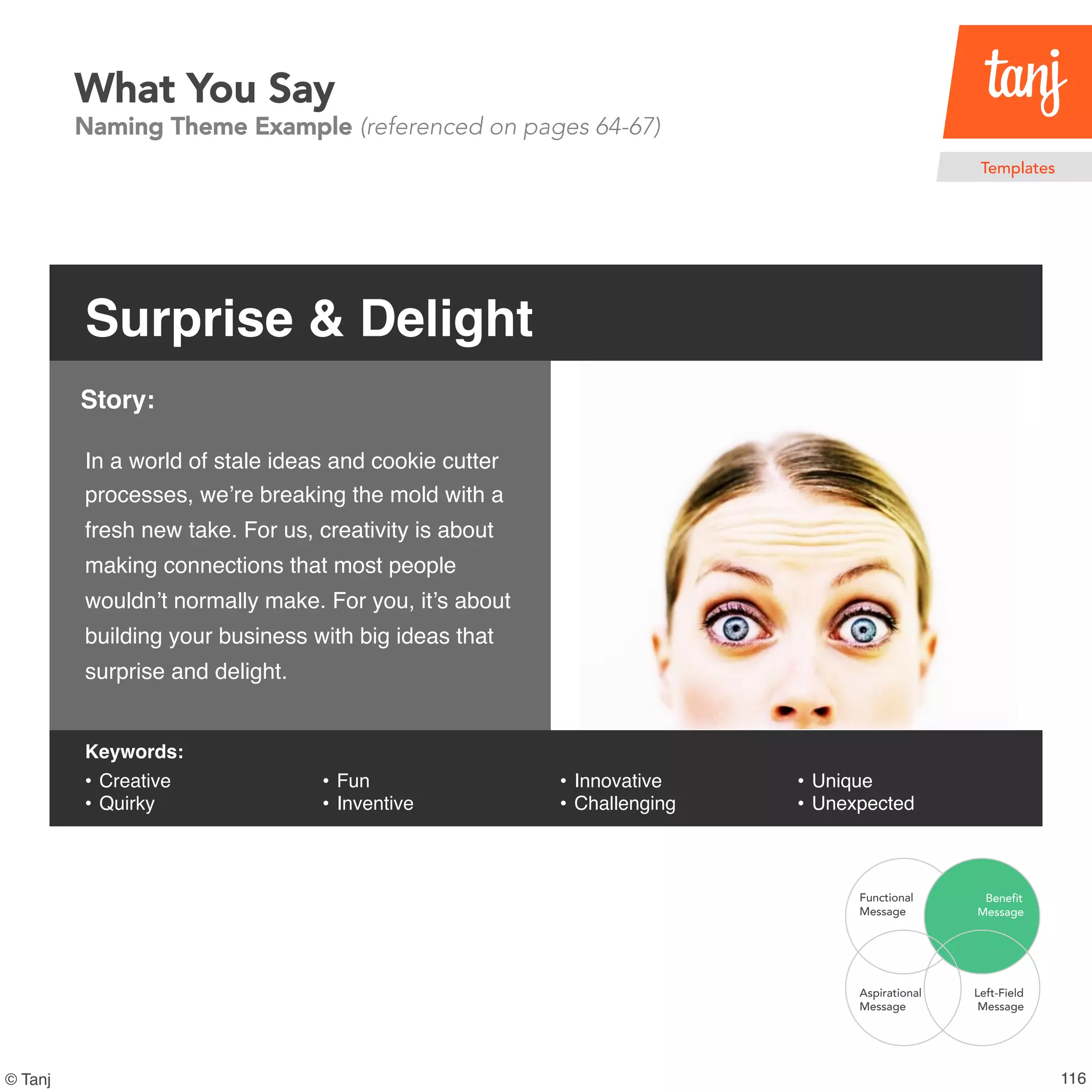 117© Tanj
What You Say
Naming Theme Example (referencedon pages 64-67)
Templates
In a world of stale ideas and cookie cutter
processes, we’re breaking the mold with a
fresh new take. For us, creativity is about
making connections that most people
wouldn’t normally make. For you, it’s about
building your business with big ideas that
surprise and delight. !
Surprise & Delight!
Keywords:!
Story:!
•  Creative!
•  Quirky!
•  Fun!
•  Inventive!
•  Innovative!
•  Challenging!
•  Unique!
•  Unexpected!
Functional
Message
Benefit
Message
Aspirational
Message
Left-Field
Message
 