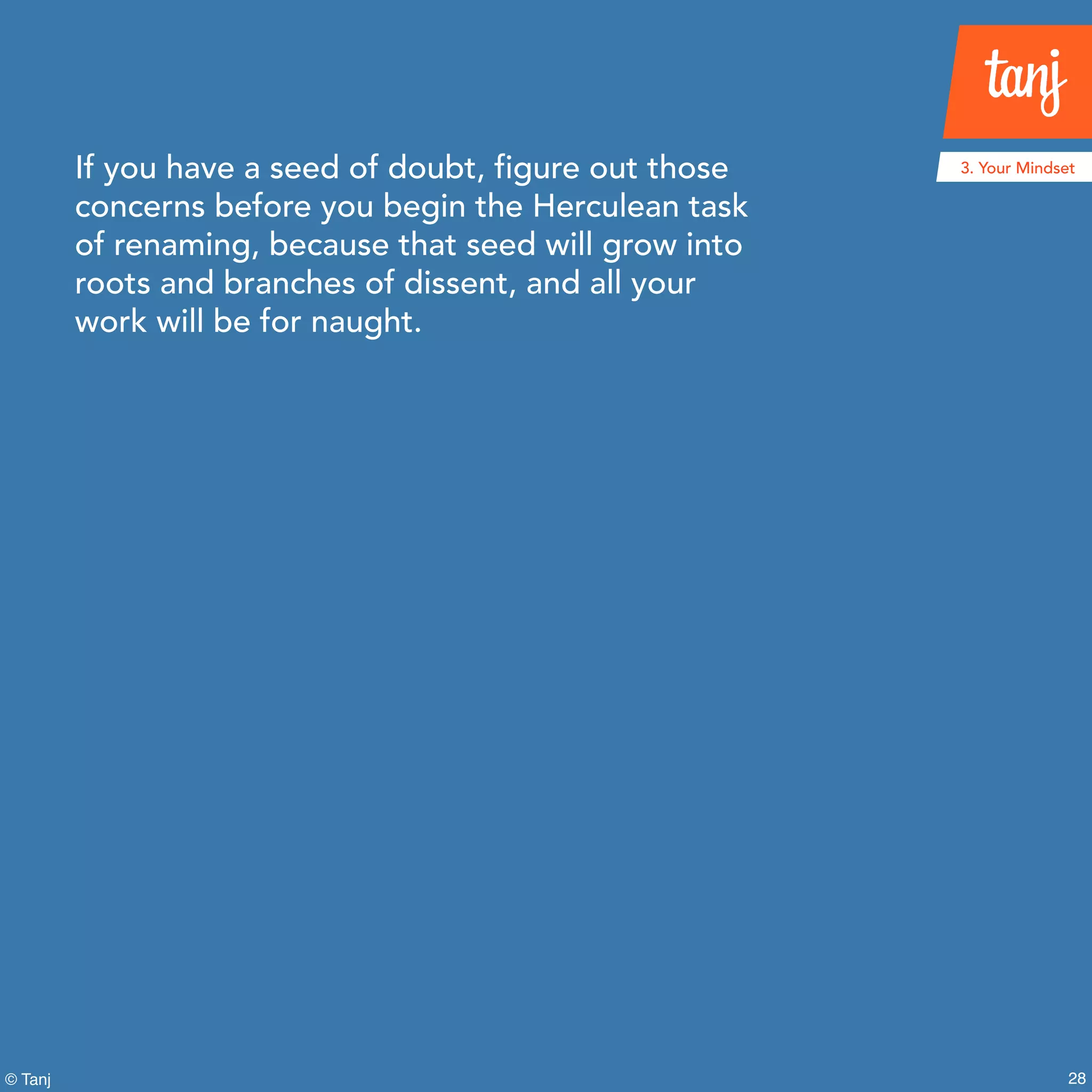 28© Tanj
If you have a seed of doubt, figure out those
concerns before you begin the Herculean task
of renaming, because that seed will grow into
roots and branches of dissent, and all your
work will be for naught.
3. Your Mindset
 