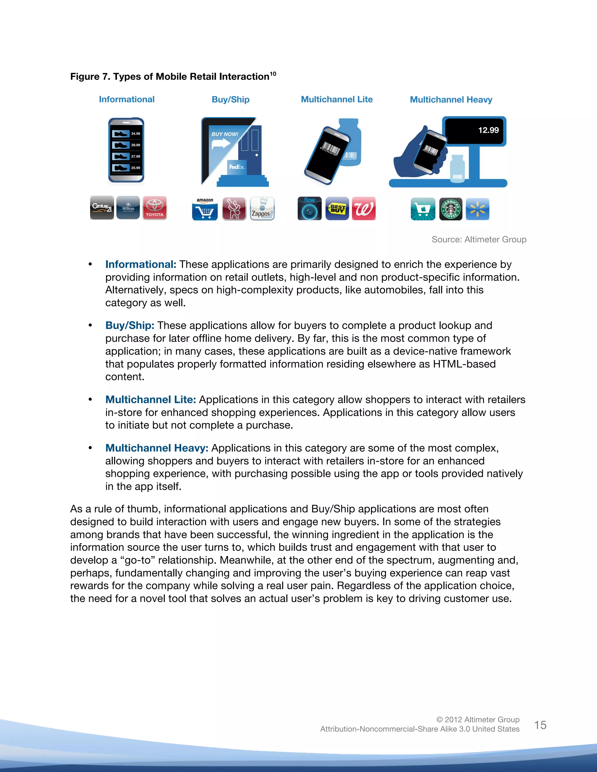  

Figure 7. Types of Mobile Retail Interaction10




                                                                                       Source: Altimeter Group

       •   Informational: These applications are primarily designed to enrich the experience by
           providing information on retail outlets, high-level and non product-specific information.
           Alternatively, specs on high-complexity products, like automobiles, fall into this
           category as well.

       •   Buy/Ship: These applications allow for buyers to complete a product lookup and
           purchase for later offline home delivery. By far, this is the most common type of
           application; in many cases, these applications are built as a device-native framework
           that populates properly formatted information residing elsewhere as HTML-based
           content.

       •   Multichannel Lite: Applications in this category allow shoppers to interact with retailers
           in-store for enhanced shopping experiences. Applications in this category allow users
           to initiate but not complete a purchase.

       •   Multichannel Heavy: Applications in this category are some of the most complex,
           allowing shoppers and buyers to interact with retailers in-store for an enhanced
           shopping experience, with purchasing possible using the app or tools provided natively
           in the app itself.

As a rule of thumb, informational applications and Buy/Ship applications are most often
designed to build interaction with users and engage new buyers. In some of the strategies
among brands that have been successful, the winning ingredient in the application is the
information source the user turns to, which builds trust and engagement with that user to
develop a “go-to” relationship. Meanwhile, at the other end of the spectrum, augmenting and,
perhaps, fundamentally changing and improving the user’s buying experience can reap vast
rewards for the company while solving a real user pain. Regardless of the application choice,
the need for a novel tool that solves an actual user’s problem is key to driving customer use.




                                                                                        © 2012 Altimeter Group
	
                                                       Attribution-Noncommercial-Share Alike 3.0 United States   15
                                                  	
  
                                                  	
  
 