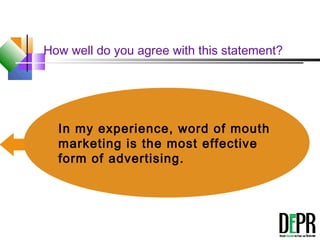 How well do you agree with this statement?
In my experience, word of mouth
marketing is the most effective
form of advertising.
 