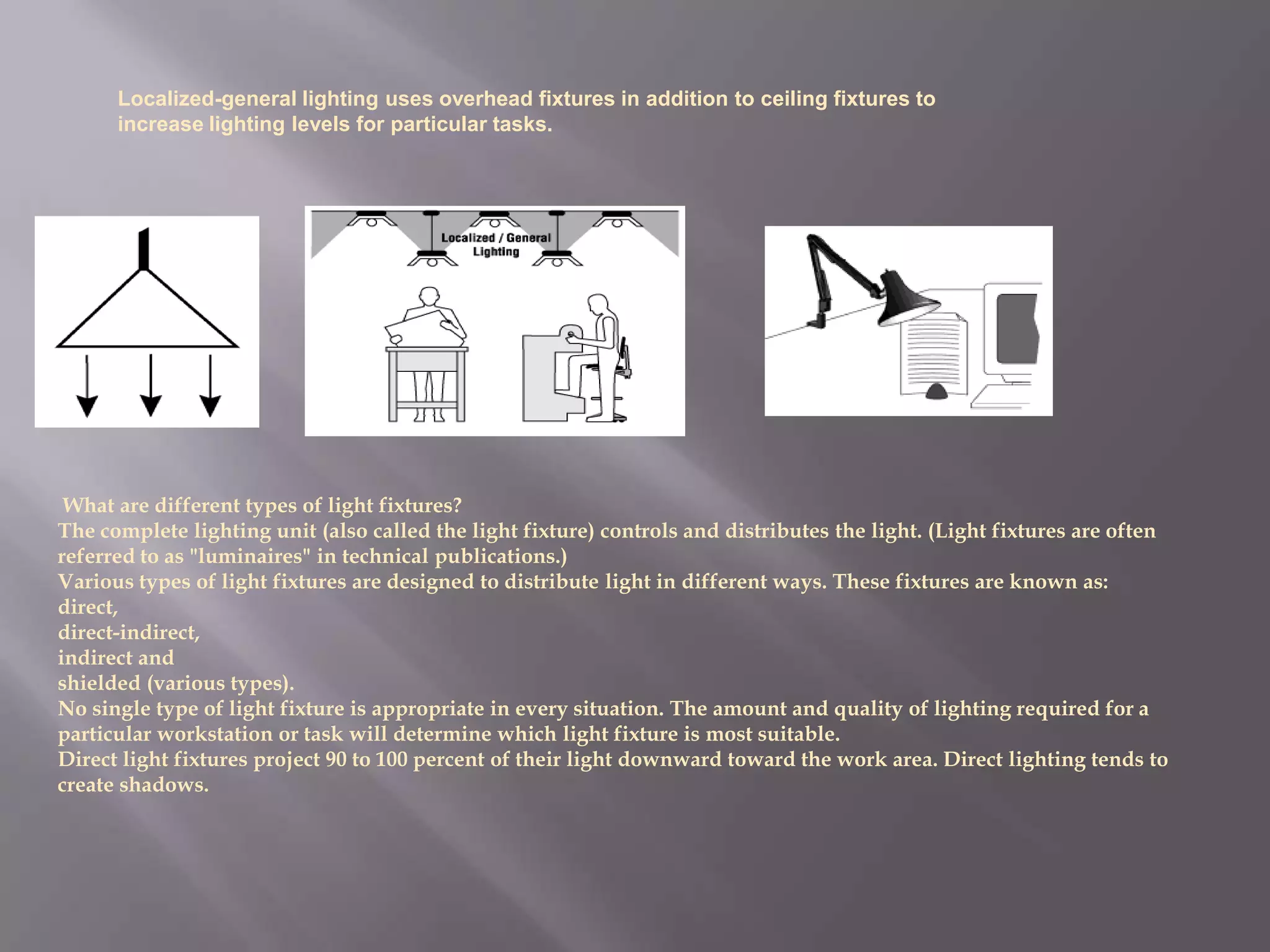 Localized-general lighting uses overhead fixtures in addition to ceiling fixtures to
      increase lighting levels for particular tasks.




 What are different types of light fixtures?
The complete lighting unit (also called the light fixture) controls and distributes the light. (Light fixtures are often
referred to as "luminaires" in technical publications.)
Various types of light fixtures are designed to distribute light in different ways. These fixtures are known as:
direct,
direct-indirect,
indirect and
shielded (various types).
No single type of light fixture is appropriate in every situation. The amount and quality of lighting required for a
particular workstation or task will determine which light fixture is most suitable.
Direct light fixtures project 90 to 100 percent of their light downward toward the work area. Direct lighting tends to
create shadows.
 