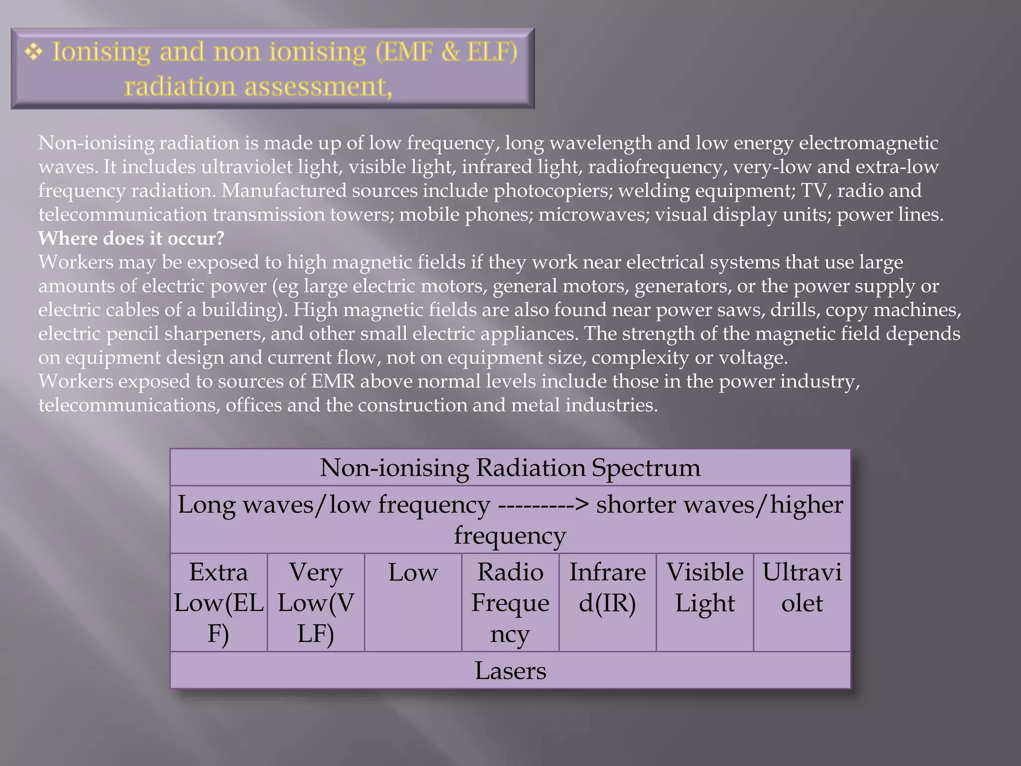 Non-ionising radiation is made up of low frequency, long wavelength and low energy electromagnetic
waves. It includes ultraviolet light, visible light, infrared light, radiofrequency, very-low and extra-low
frequency radiation. Manufactured sources include photocopiers; welding equipment; TV, radio and
telecommunication transmission towers; mobile phones; microwaves; visual display units; power lines.
Where does it occur?
Workers may be exposed to high magnetic fields if they work near electrical systems that use large
amounts of electric power (eg large electric motors, general motors, generators, or the power supply or
electric cables of a building). High magnetic fields are also found near power saws, drills, copy machines,
electric pencil sharpeners, and other small electric appliances. The strength of the magnetic field depends
on equipment design and current flow, not on equipment size, complexity or voltage.
Workers exposed to sources of EMR above normal levels include those in the power industry,
telecommunications, offices and the construction and metal industries.


                          Non-ionising Radiation Spectrum
               Long waves/low frequency ---------> shorter waves/higher
                                     frequency
                Extra  Very    Low     Radio Infrare Visible Ultravi
               Low(EL Low(V            Freque d(IR) Light         olet
                 F)     LF)             ncy
                                       Lasers
 
