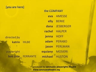 eva AMESSE
                                  elly BERKE
                                dana JESBERGER
                               rachel HALPER
directed by                    jenna HOFF
     katrin HILBE              adam PERABO
                                jason PERLMAN
playwright                  equiano MOSIERI
  bob jude FERRANTE         michael HUSTON

                    produced by sanctuary: playwrights theatre
                    www.sanctuarytheatre.org
 