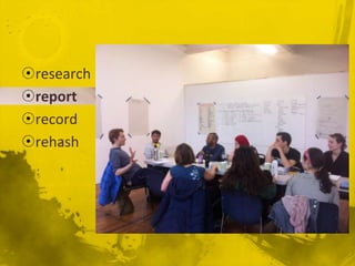 ?research
?report
?record
?rehash
 