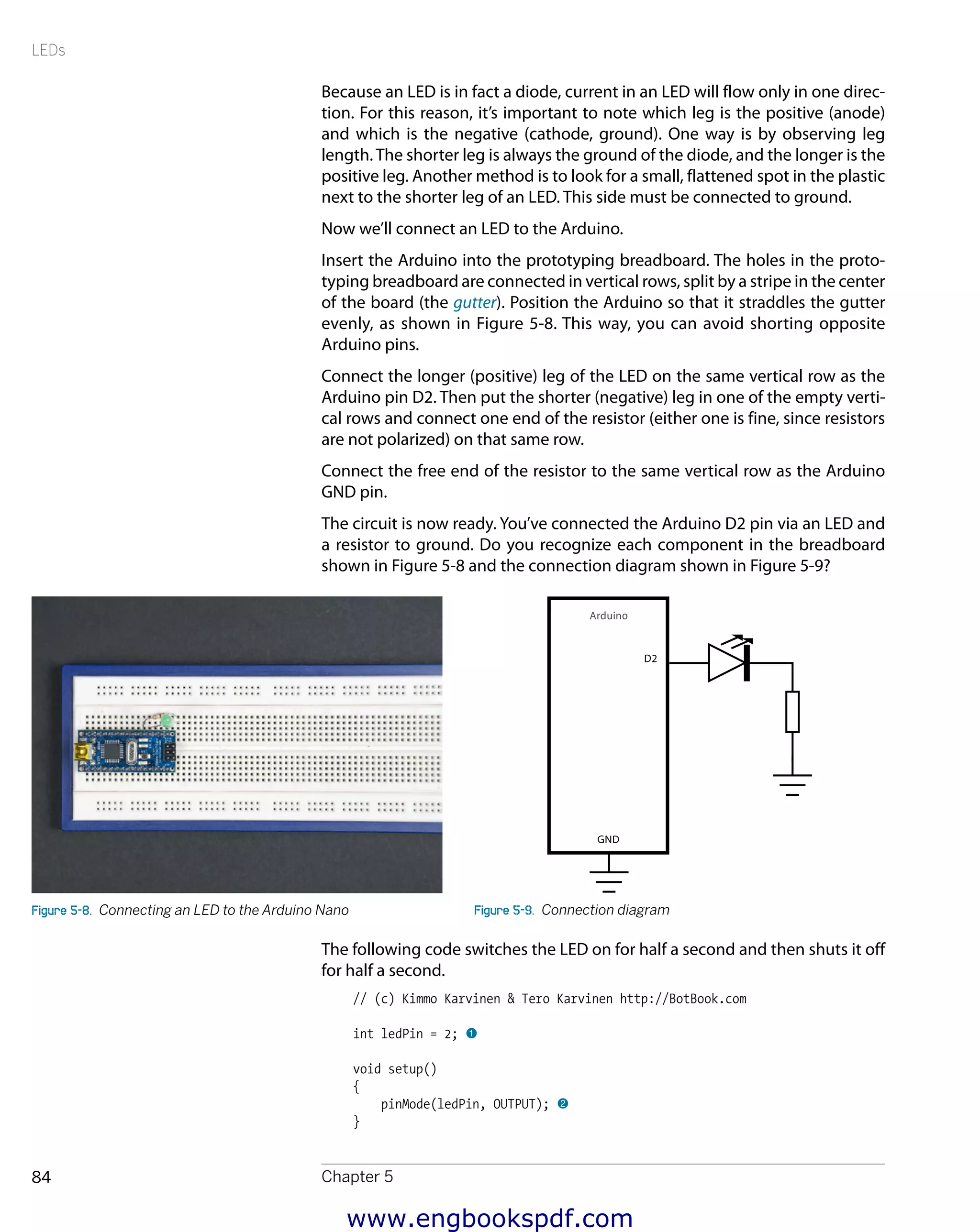 LEDs
Chapter 584
Because an LED is in fact a diode, current in an LED will flow only in one direc-
tion. For this reason, it’s important to note which leg is the positive (anode)
and which is the negative (cathode, ground). One way is by observing leg
length. The shorter leg is always the ground of the diode, and the longer is the
positive leg. Another method is to look for a small, flattened spot in the plastic
next to the shorter leg of an LED. This side must be connected to ground.
Now we’ll connect an LED to the Arduino.
Insert the Arduino into the prototyping breadboard. The holes in the proto-
typing breadboard are connected in vertical rows, split by a stripe in the center
of the board (the gutter). Position the Arduino so that it straddles the gutter
evenly, as shown in Figure 5-8. This way, you can avoid shorting opposite
Arduino pins.
Connect the longer (positive) leg of the LED on the same vertical row as the
Arduino pin D2. Then put the shorter (negative) leg in one of the empty verti-
cal rows and connect one end of the resistor (either one is fine, since resistors
are not polarized) on that same row.
Connect the free end of the resistor to the same vertical row as the Arduino
GND pin.
The circuit is now ready. You’ve connected the Arduino D2 pin via an LED and
a resistor to ground. Do you recognize each component in the breadboard
shown in Figure 5-8 and the connection diagram shown in Figure 5-9?
Figure 5-8.  Connecting an LED to the Arduino Nano Figure 5-9.  Connection diagram
The following code switches the LED on for half a second and then shuts it off
for half a second.
// (c) Kimmo Karvinen & Tero Karvinen http://BotBook.com
int ledPin = 2; 1
void setup()
{
pinMode(ledPin, OUTPUT); 2
}
www.engbookspdf.com
 