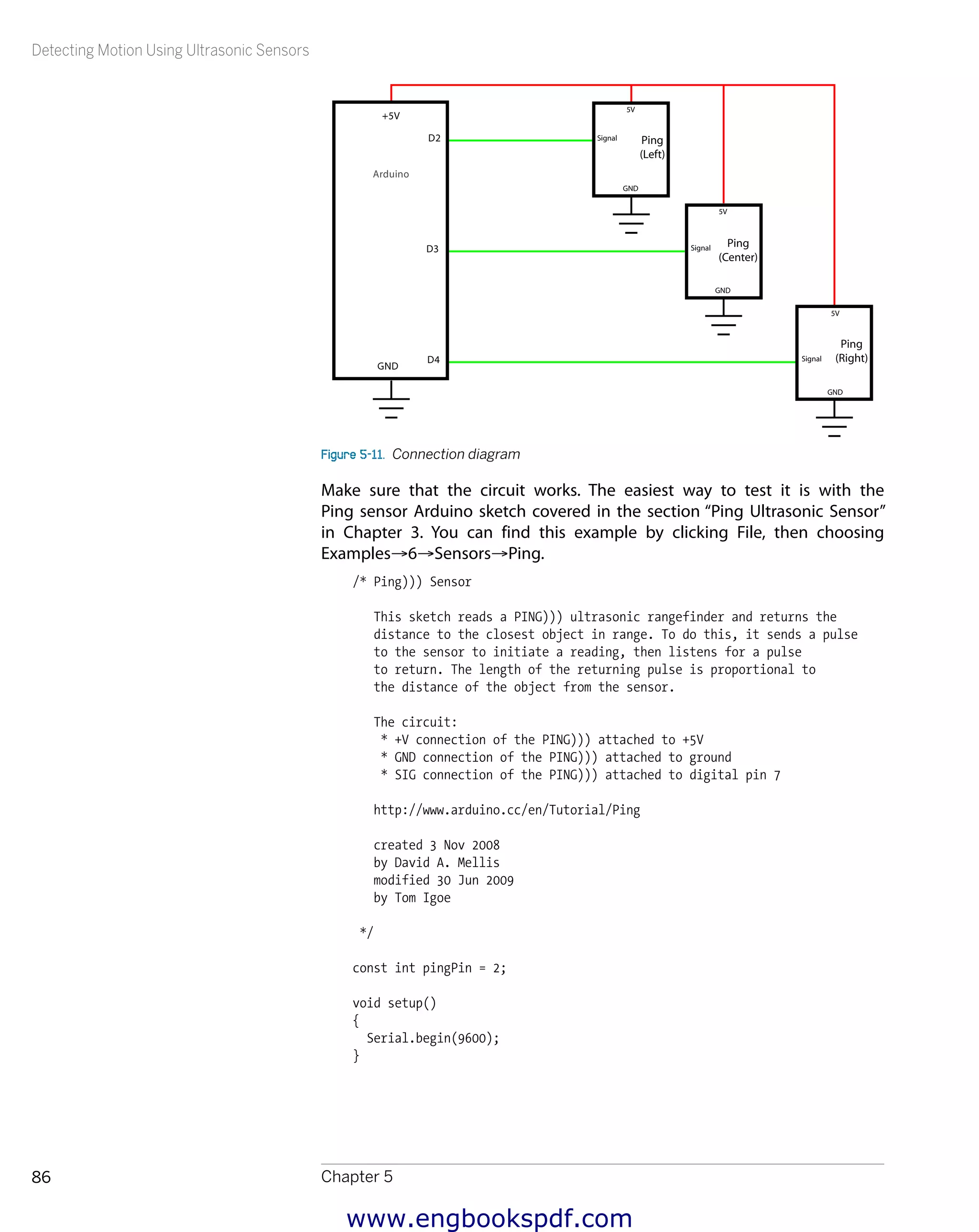 Detecting Motion Using Ultrasonic Sensors
Chapter 586
5V
Signal
GND
Ping
(Left)
5V
Signal
GND
Ping
(Center)
5V
Signal
GND
Ping
(Right)
Figure 5-11.  Connection diagram
Make sure that the circuit works. The easiest way to test it is with the
Ping sensor Arduino sketch covered in the section “Ping Ultrasonic Sensor”
in Chapter 3. You can find this example by clicking File, then choosing
Examples→6→Sensors→Ping.
/* Ping))) Sensor
This sketch reads a PING))) ultrasonic rangefinder and returns the
distance to the closest object in range. To do this, it sends a pulse
to the sensor to initiate a reading, then listens for a pulse
to return. The length of the returning pulse is proportional to
the distance of the object from the sensor.
The circuit:
* +V connection of the PING))) attached to +5V
* GND connection of the PING))) attached to ground
* SIG connection of the PING))) attached to digital pin 7
http://www.arduino.cc/en/Tutorial/Ping
created 3 Nov 2008
by David A. Mellis
modified 30 Jun 2009
by Tom Igoe
*/
const int pingPin = 2;
void setup()
{
Serial.begin(9600);
}
www.engbookspdf.com
 