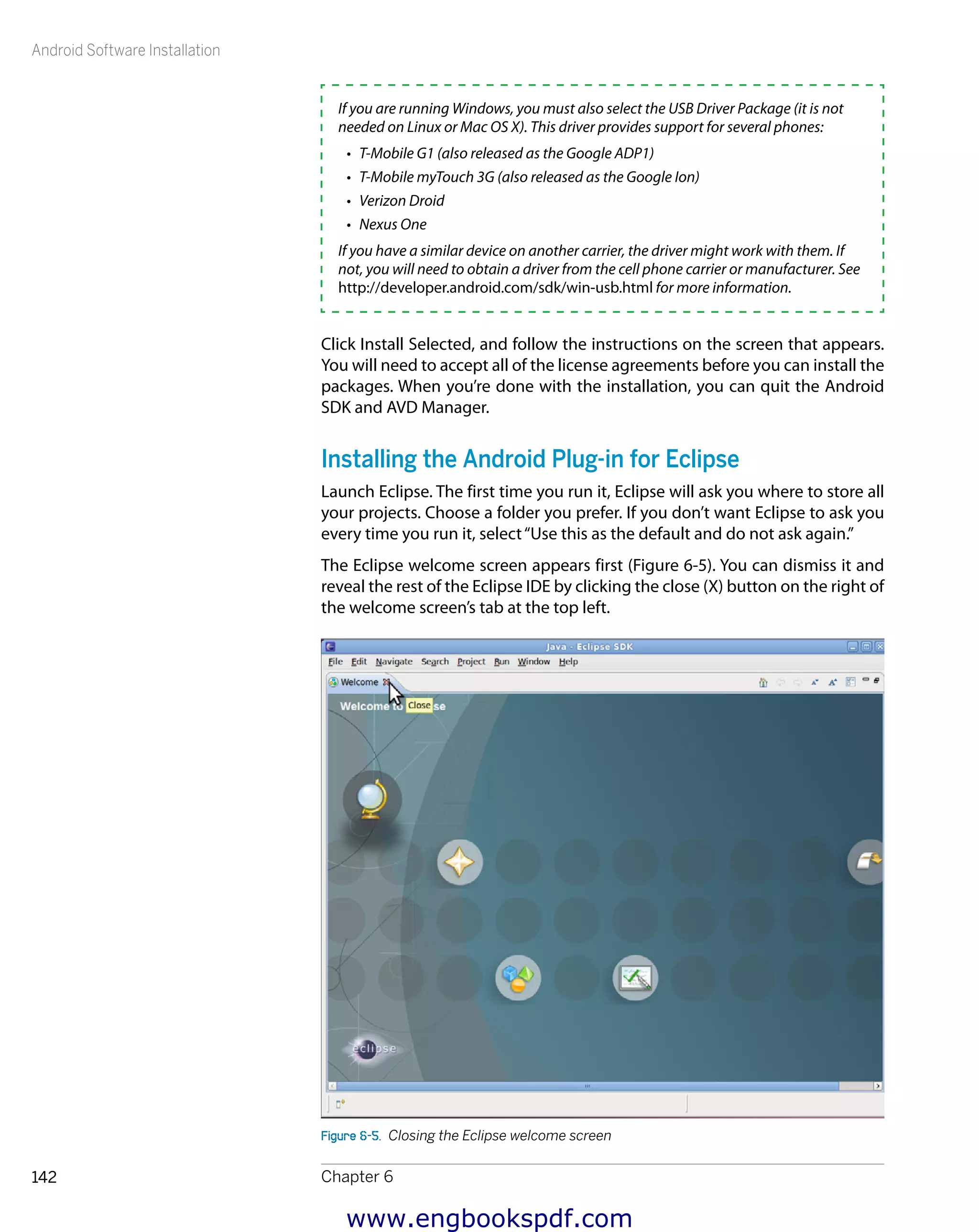 Android Software Installation
Chapter 6142
If you are running Windows, you must also select the USB Driver Package (it is not
needed on Linux or Mac OS X). This driver provides support for several phones:
•	 T-Mobile G1 (also released as the Google ADP1)
•	 T-Mobile myTouch 3G (also released as the Google Ion)
•	 Verizon Droid
•	 Nexus One
If you have a similar device on another carrier, the driver might work with them. If
not, you will need to obtain a driver from the cell phone carrier or manufacturer. See
http://developer.android.com/sdk/win-usb.html for more information.
Click Install Selected, and follow the instructions on the screen that appears.
You will need to accept all of the license agreements before you can install the
packages. When you’re done with the installation, you can quit the Android
SDK and AVD Manager.
Installing the Android Plug-in for Eclipse
Launch Eclipse. The first time you run it, Eclipse will ask you where to store all
your projects. Choose a folder you prefer. If you don’t want Eclipse to ask you
every time you run it, select“Use this as the default and do not ask again.”
The Eclipse welcome screen appears first (Figure 6-5). You can dismiss it and
reveal the rest of the Eclipse IDE by clicking the close (X) button on the right of
the welcome screen’s tab at the top left.
Figure 6-5.  Closing the Eclipse welcome screen
www.engbookspdf.com
 