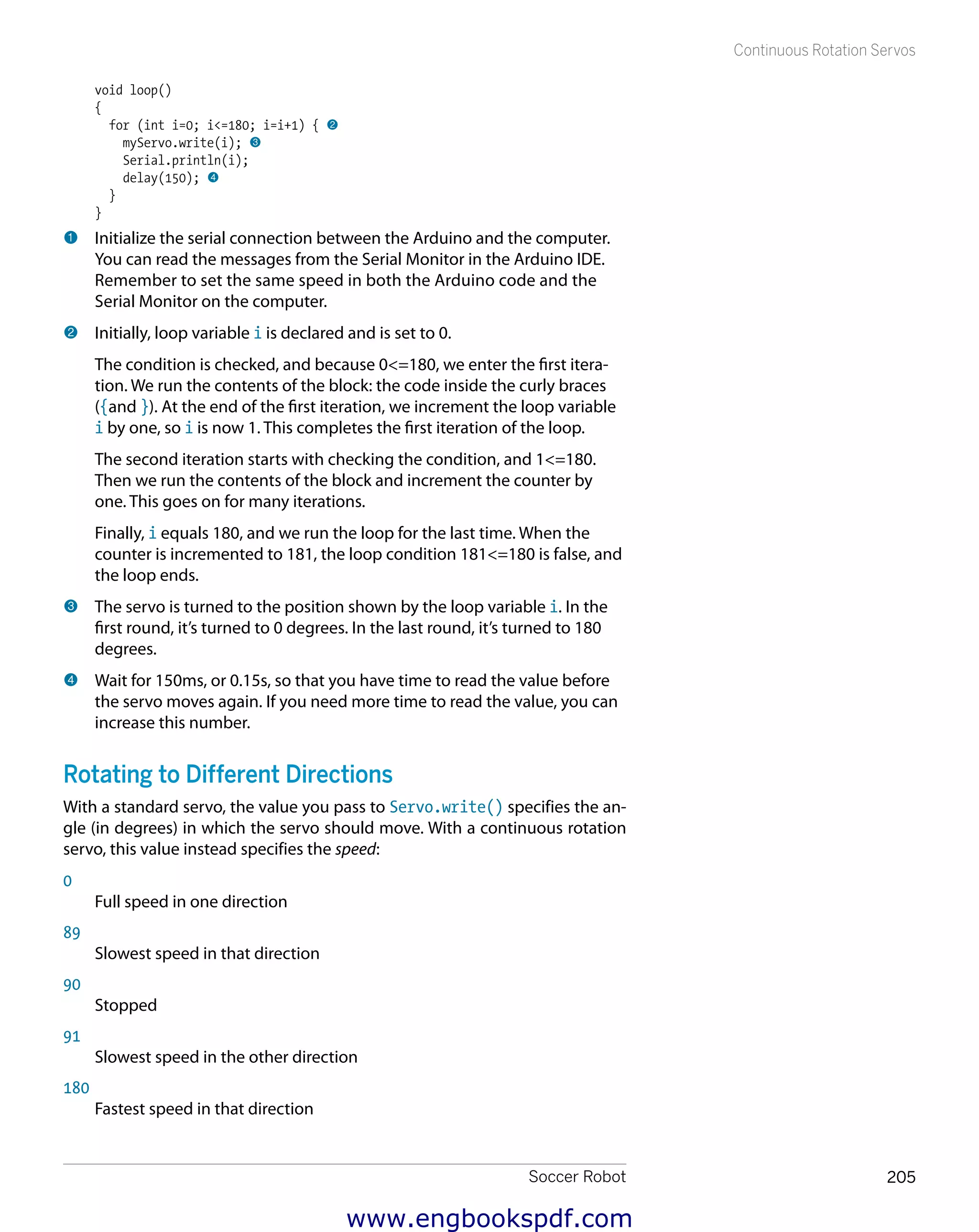 Soccer Robot 205
Continuous Rotation Servos
void loop()
{
for (int i=0; i<=180; i=i+1) { 2
myServo.write(i); 3
Serial.println(i);
delay(150); 4
}
}
1 	Initialize the serial connection between the Arduino and the computer.
You can read the messages from the Serial Monitor in the Arduino IDE.
Remember to set the same speed in both the Arduino code and the
Serial Monitor on the computer.
2 	Initially, loop variable i is declared and is set to 0.
The condition is checked, and because 0<=180, we enter the first itera-
tion. We run the contents of the block: the code inside the curly braces
({and }). At the end of the first iteration, we increment the loop variable
i by one, so i is now 1. This completes the first iteration of the loop.
The second iteration starts with checking the condition, and 1<=180.
Then we run the contents of the block and increment the counter by
one. This goes on for many iterations.
Finally, i equals 180, and we run the loop for the last time. When the
counter is incremented to 181, the loop condition 181<=180 is false, and
the loop ends.
3 	The servo is turned to the position shown by the loop variable i. In the
first round, it’s turned to 0 degrees. In the last round, it’s turned to 180
degrees.
4 	Wait for 150ms, or 0.15s, so that you have time to read the value before
the servo moves again. If you need more time to read the value, you can
increase this number.
Rotating to Different Directions
With a standard servo, the value you pass to Servo.write() specifies the an-
gle (in degrees) in which the servo should move. With a continuous rotation
servo, this value instead specifies the speed:
0
Full speed in one direction
89
Slowest speed in that direction
90
Stopped
91
Slowest speed in the other direction
180
Fastest speed in that direction
www.engbookspdf.com
 
