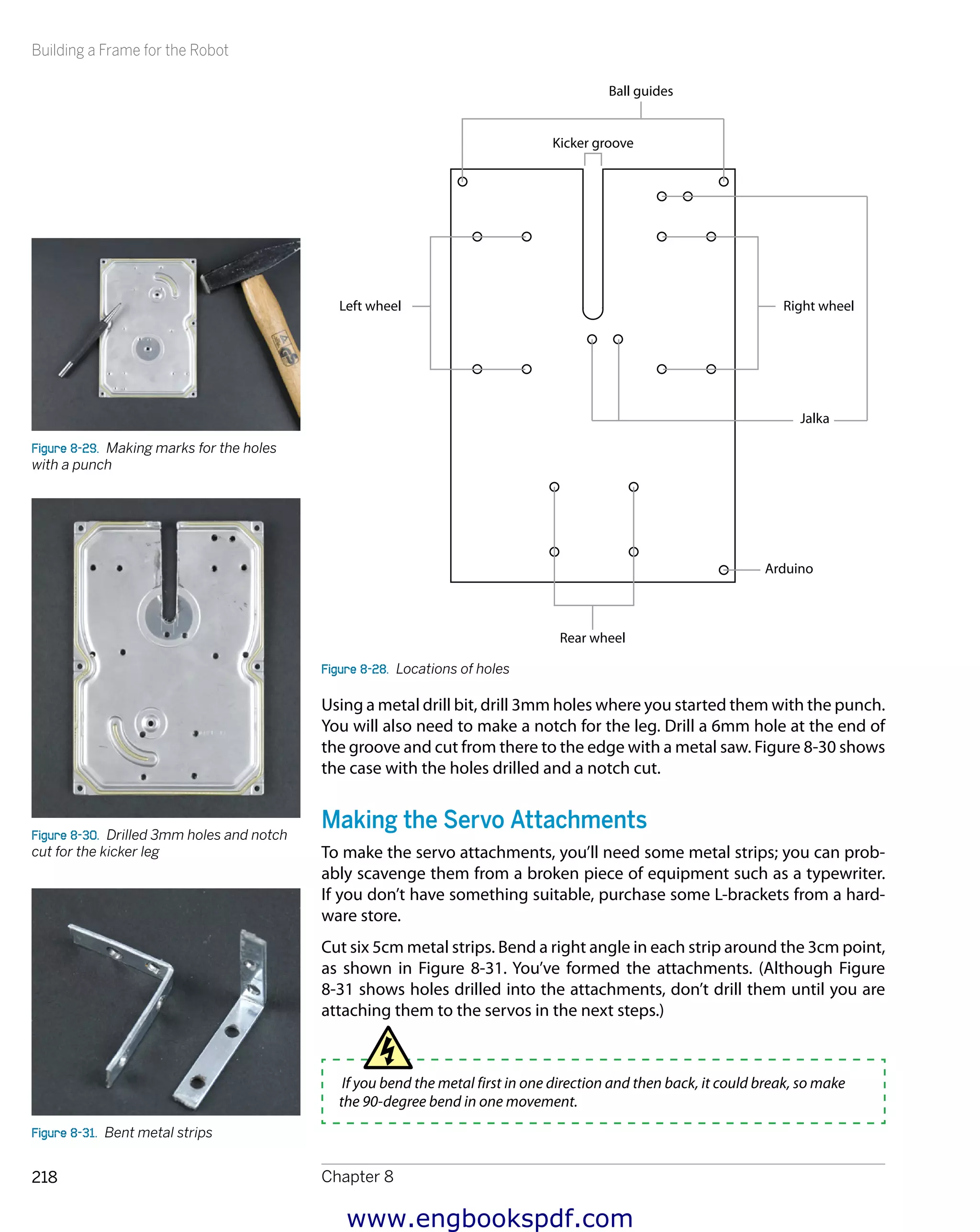 Building a Frame for the Robot
Chapter 8218
Jalka
Arduino
Ball guides
Kicker groove
Left wheel Right wheel
Rear wheel
Figure 8-28.  Locations of holes
Using a metal drill bit, drill 3mm holes where you started them with the punch.
You will also need to make a notch for the leg. Drill a 6mm hole at the end of
the groove and cut from there to the edge with a metal saw. Figure 8-30 shows
the case with the holes drilled and a notch cut.
Making the Servo Attachments
To make the servo attachments, you’ll need some metal strips; you can prob-
ably scavenge them from a broken piece of equipment such as a typewriter.
If you don’t have something suitable, purchase some L-brackets from a hard-
ware store.
Cut six 5cm metal strips. Bend a right angle in each strip around the 3cm point,
as shown in Figure 8-31. You’ve formed the attachments. (Although Figure
8-31 shows holes drilled into the attachments, don’t drill them until you are
attaching them to the servos in the next steps.)
If you bend the metal first in one direction and then back, it could break, so make
the 90-degree bend in one movement.
Figure 8-29.  Making marks for the holes
with a punch
Figure 8-30.  Drilled 3mm holes and notch
cut for the kicker leg
Figure 8-31.  Bent metal strips
www.engbookspdf.com
 