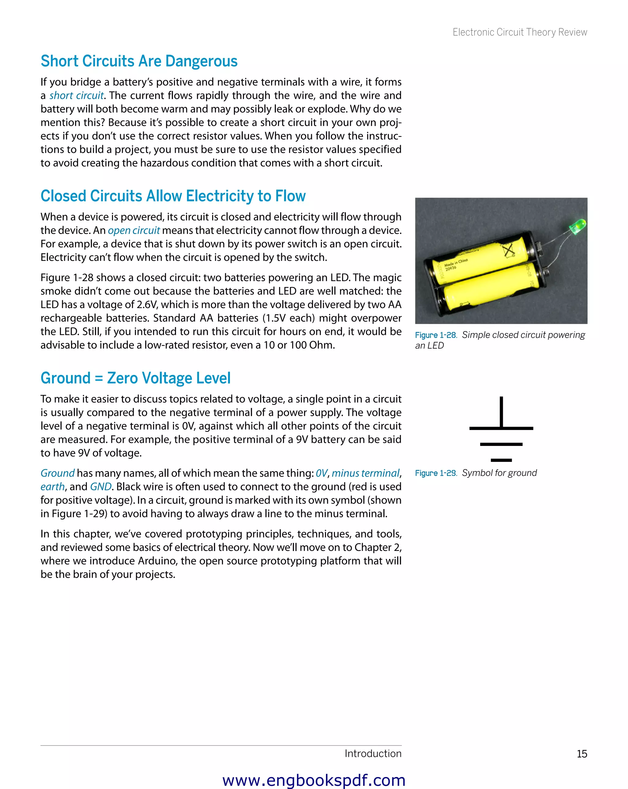 Introduction 15
Electronic Circuit Theory Review
Short Circuits Are Dangerous
If you bridge a battery’s positive and negative terminals with a wire, it forms
a short circuit. The current flows rapidly through the wire, and the wire and
battery will both become warm and may possibly leak or explode. Why do we
mention this? Because it’s possible to create a short circuit in your own proj-
ects if you don’t use the correct resistor values. When you follow the instruc-
tions to build a project, you must be sure to use the resistor values specified
to avoid creating the hazardous condition that comes with a short circuit.
Closed Circuits Allow Electricity to Flow
When a device is powered, its circuit is closed and electricity will flow through
the device. An opencircuit means that electricity cannot flow through a device.
For example, a device that is shut down by its power switch is an open circuit.
Electricity can’t flow when the circuit is opened by the switch.
Figure 1-28 shows a closed circuit: two batteries powering an LED. The magic
smoke didn’t come out because the batteries and LED are well matched: the
LED has a voltage of 2.6V, which is more than the voltage delivered by two AA
rechargeable batteries. Standard AA batteries (1.5V each) might overpower
the LED. Still, if you intended to run this circuit for hours on end, it would be
advisable to include a low-rated resistor, even a 10 or 100 Ohm.
Ground = Zero Voltage Level
To make it easier to discuss topics related to voltage, a single point in a circuit
is usually compared to the negative terminal of a power supply. The voltage
level of a negative terminal is 0V, against which all other points of the circuit
are measured. For example, the positive terminal of a 9V battery can be said
to have 9V of voltage.
Ground has many names, all of which mean the same thing: 0V, minus terminal,
earth, and GND. Black wire is often used to connect to the ground (red is used
for positive voltage). In a circuit, ground is marked with its own symbol (shown
in Figure 1-29) to avoid having to always draw a line to the minus terminal.
In this chapter, we’ve covered prototyping principles, techniques, and tools,
and reviewed some basics of electrical theory. Now we’ll move on to Chapter 2,
where we introduce Arduino, the open source prototyping platform that will
be the brain of your projects.
Figure 1-28.  Simple closed circuit powering
an LED
Figure 1-29.  Symbol for ground
www.engbookspdf.com
 