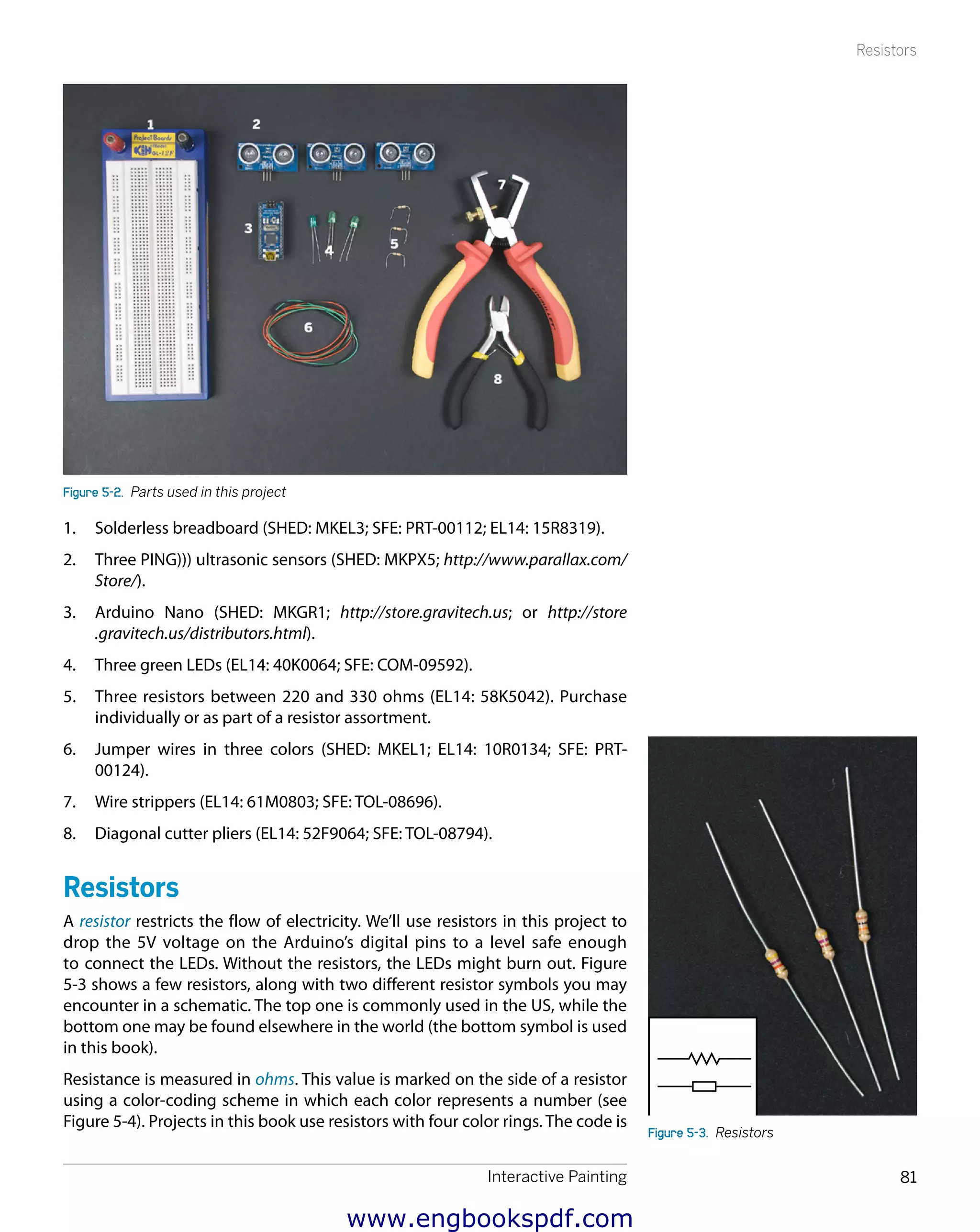 Interactive Painting 81
Resistors
Figure 5-2.  Parts used in this project
1.	 Solderless breadboard (SHED: MKEL3; SFE: PRT-00112; EL14: 15R8319).
2.	 Three PING))) ultrasonic sensors (SHED: MKPX5; http://www.parallax.com/
Store/).
3.	 Arduino Nano (SHED: MKGR1; http://store.gravitech.us; or http://store
.gravitech.us/distributors.html).
4.	 Three green LEDs (EL14: 40K0064; SFE: COM-09592).
5.	 Three resistors between 220 and 330 ohms (EL14: 58K5042). Purchase
individually or as part of a resistor assortment.
6.	 Jumper wires in three colors (SHED: MKEL1; EL14: 10R0134; SFE: PRT-
00124).
7.	 Wire strippers (EL14: 61M0803; SFE: TOL-08696).
8.	 Diagonal cutter pliers (EL14: 52F9064; SFE: TOL-08794).
Resistors
A resistor restricts the flow of electricity. We’ll use resistors in this project to
drop the 5V voltage on the Arduino’s digital pins to a level safe enough
to connect the LEDs. Without the resistors, the LEDs might burn out. Figure
5-3 shows a few resistors, along with two different resistor symbols you may
encounter in a schematic. The top one is commonly used in the US, while the
bottom one may be found elsewhere in the world (the bottom symbol is used
in this book).
Resistance is measured in ohms. This value is marked on the side of a resistor
using a color-coding scheme in which each color represents a number (see
Figure 5-4). Projects in this book use resistors with four color rings. The code is
Figure 5-3.  Resistors
www.engbookspdf.com
 