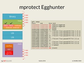 NETSQUARE (c) SAUMIL SHAHhack.lu 2018
mprotect Egghunter
heap
stack
Lib
Lib
Binary
shellcodeHACKHACK
overflow
ROP
mprotect
egghunter
RWX
RWX
RWX
RWX
RWX
RWX
RWX
gef> vmmap
Start End Perm Path
0x00008000 0x00009000 rwx /home/pi/eggbreak
0x00010000 0x00011000 rwx /home/pi/eggbreak
0x00011000 0x00012000 rwx [heap]
0x00012000 0x00032000 rw- [heap]
0xb6e9c000 0xb6fbe000 r-x /lib/arm-linux-gnueabihf/libc-2.13.so
0xb6fbe000 0xb6fc5000 --- /lib/arm-linux-gnueabihf/libc-2.13.so
0xb6fc5000 0xb6fc7000 r-- /lib/arm-linux-gnueabihf/libc-2.13.so
0xb6fc7000 0xb6fc8000 rw- /lib/arm-linux-gnueabihf/libc-2.13.so
0xb6fc8000 0xb6fcb000 rw-
0xb6fd8000 0xb6ff5000 r-x /lib/arm-linux-gnueabihf/ld-2.13.so
0xb6ffa000 0xb6ffd000 rw-
0xb6ffd000 0xb6ffe000 r-- /lib/arm-linux-gnueabihf/ld-2.13.so
0xb6ffe000 0xb6fff000 rw- /lib/arm-linux-gnueabihf/ld-2.13.so
0xb6fff000 0xb7000000 r-x [sigpage]
0xbefdf000 0xbeffe000 rw-
0xbeffe000 0xbf000000 rwx [stack]
shellcode shellcode
 