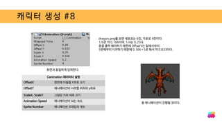 캐릭터 생성 #8
화면과 동일하게 입력한다.
dragon.png를 보면 세로로는 6칸, 가로로 4칸이다.
1/6은 약 0.166이며, 1/4는 0.25다.
용을 출력 해야하기 때문에 OffsetY는 밑에서부터
5번째부터 시작하기 때문에 0.166 * 5로 해서 약 0.833이다.
Canimation 패러미터 설명
OffsetX 한번에 이동할 X좌표 크기
OffsetY 애니메이션이 시작할 위치의 y좌표
ScaleX, ScaleY 그림당 가로 세로 크기
Animation Speed 애니메이션이 되는 속도
Sprite Number 애니메이션 프레임의 개수
용 애니메이션이 진행될 것이다.
 