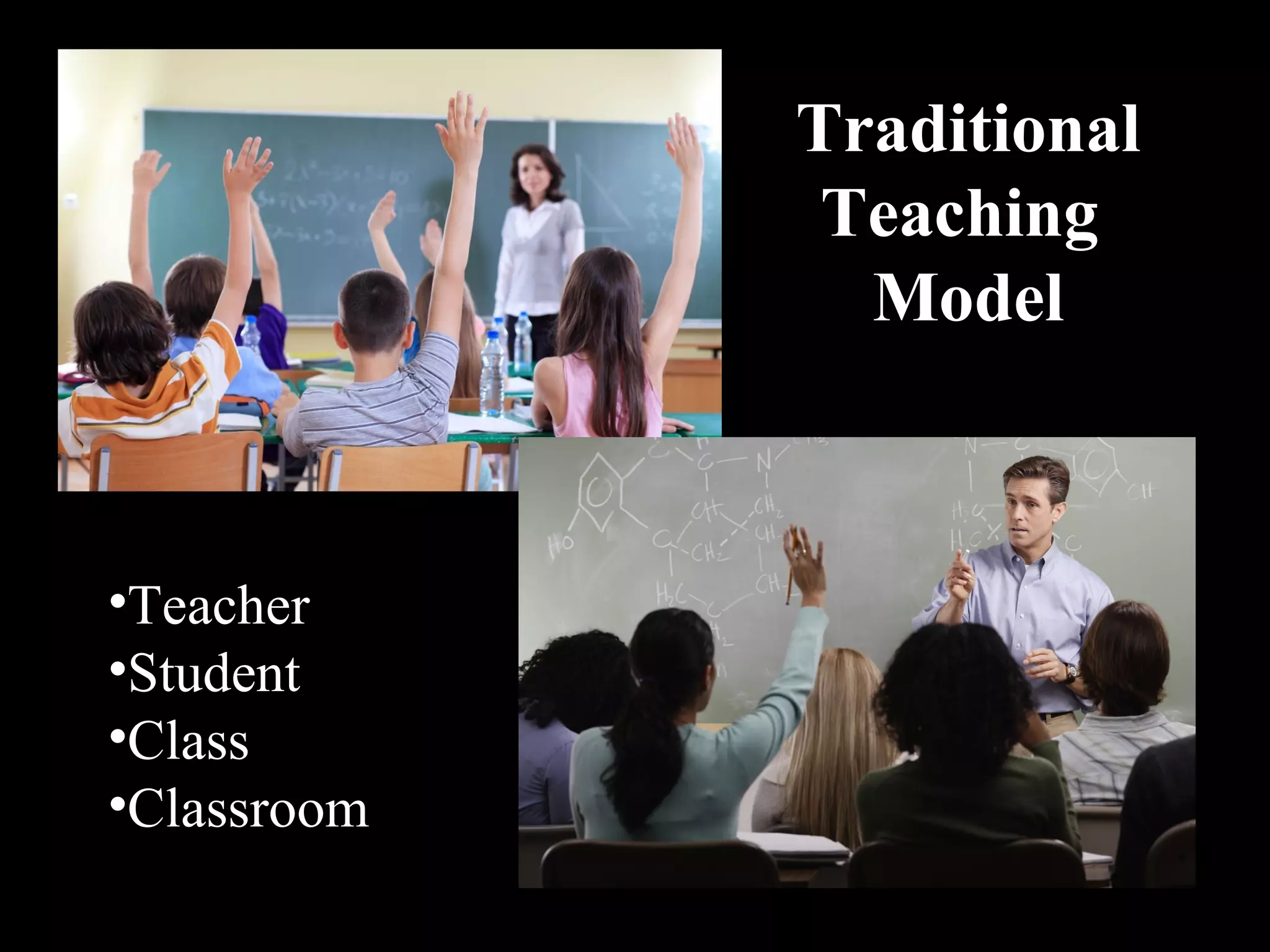 Traditional
Teaching
Model
•Teacher
•Student
•Class
•Classroom
 