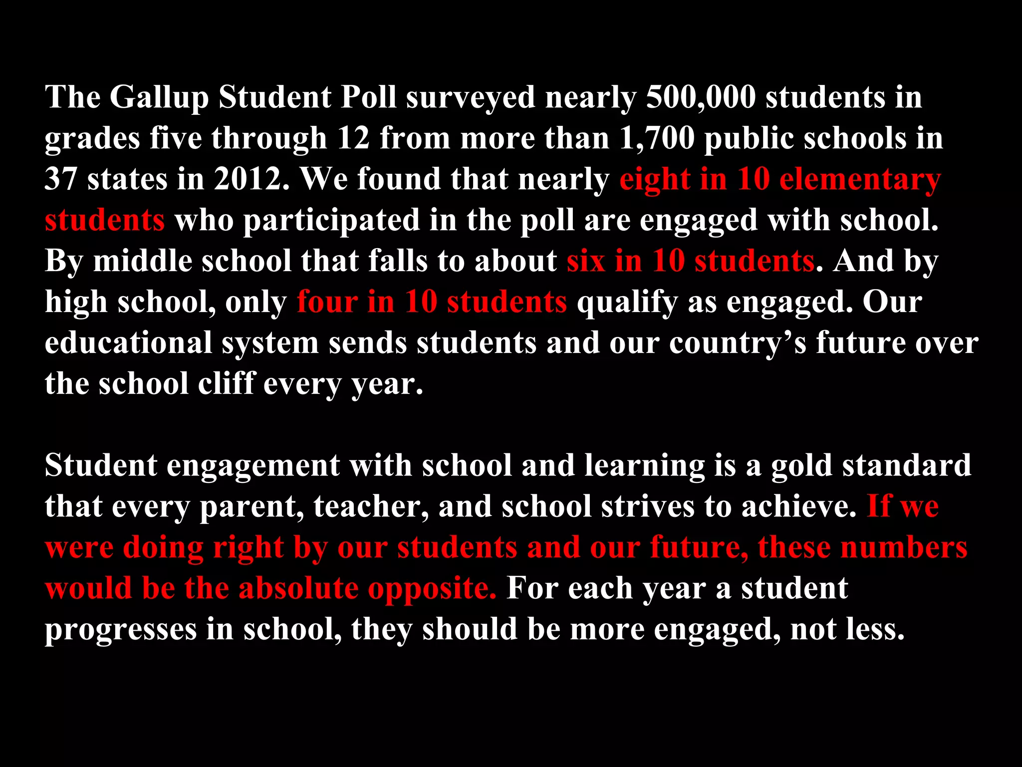 The Gallup Student Poll surveyed nearly 500,000 students in
grades five through 12 from more than 1,700 public schools in
37 states in 2012. We found that nearly eight in 10 elementary
students who participated in the poll are engaged with school.
By middle school that falls to about six in 10 students. And by
high school, only four in 10 students qualify as engaged. Our
educational system sends students and our country’s future over
the school cliff every year.
Student engagement with school and learning is a gold standard
that every parent, teacher, and school strives to achieve. If we
were doing right by our students and our future, these numbers
would be the absolute opposite. For each year a student
progresses in school, they should be more engaged, not less.
 