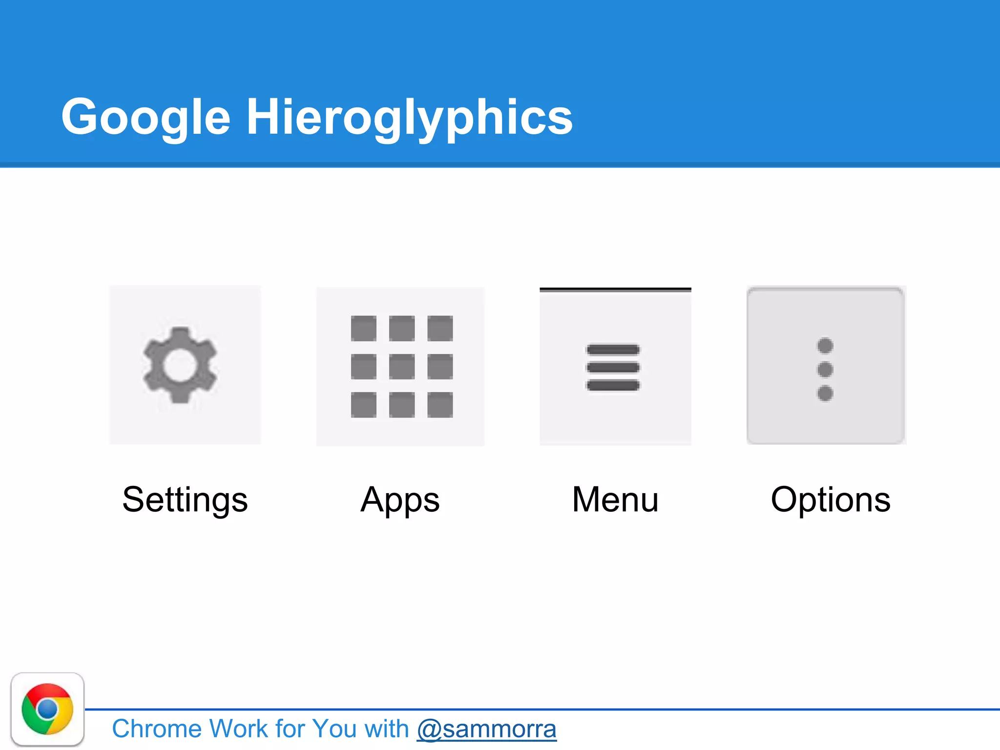 Google Hieroglyphics
Chrome Work for You with @sammorra
Settings Apps Menu Options
 