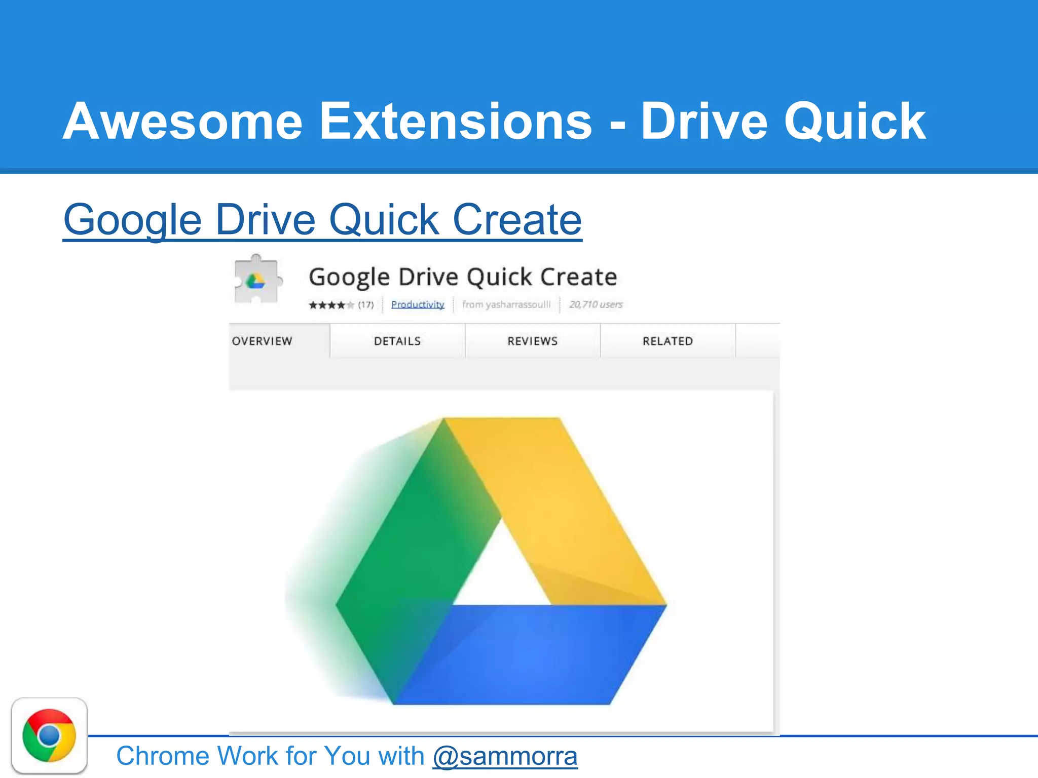 Awesome Extensions - Drive Quick
Google Drive Quick Create
Chrome Work for You with @sammorra
 