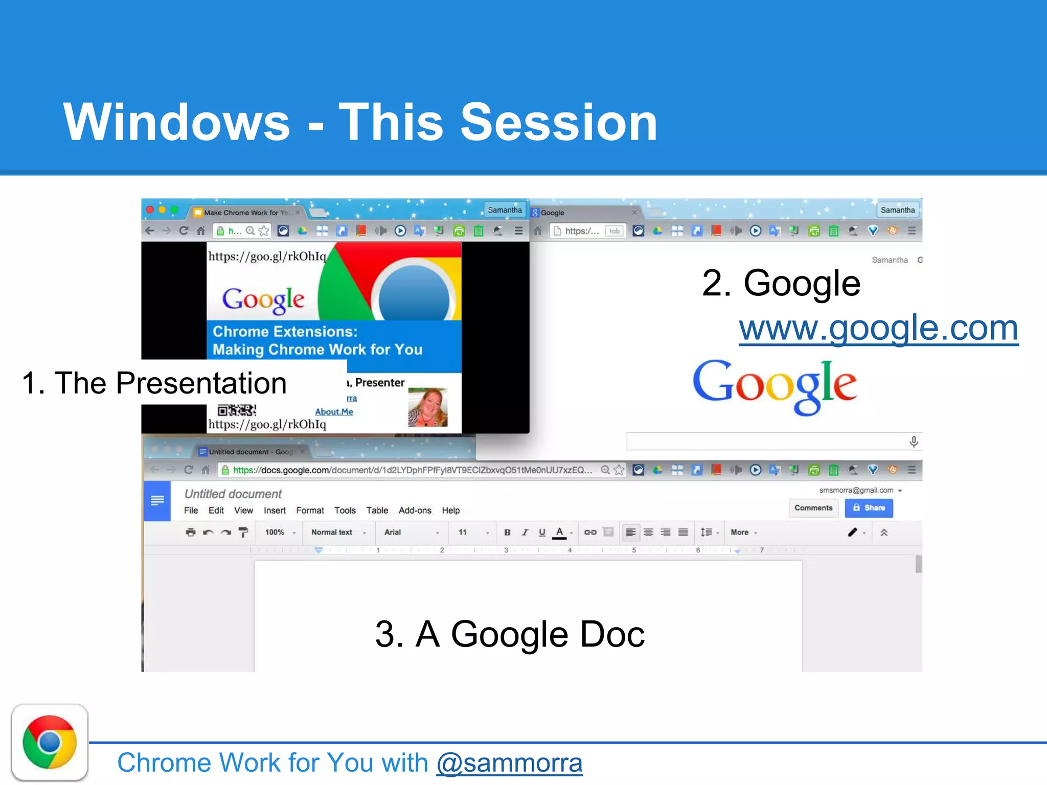 Windows - This Session
Chrome Work for You with @sammorra
1. The Presentation
2. Google
www.google.com
3. A Google Doc
 