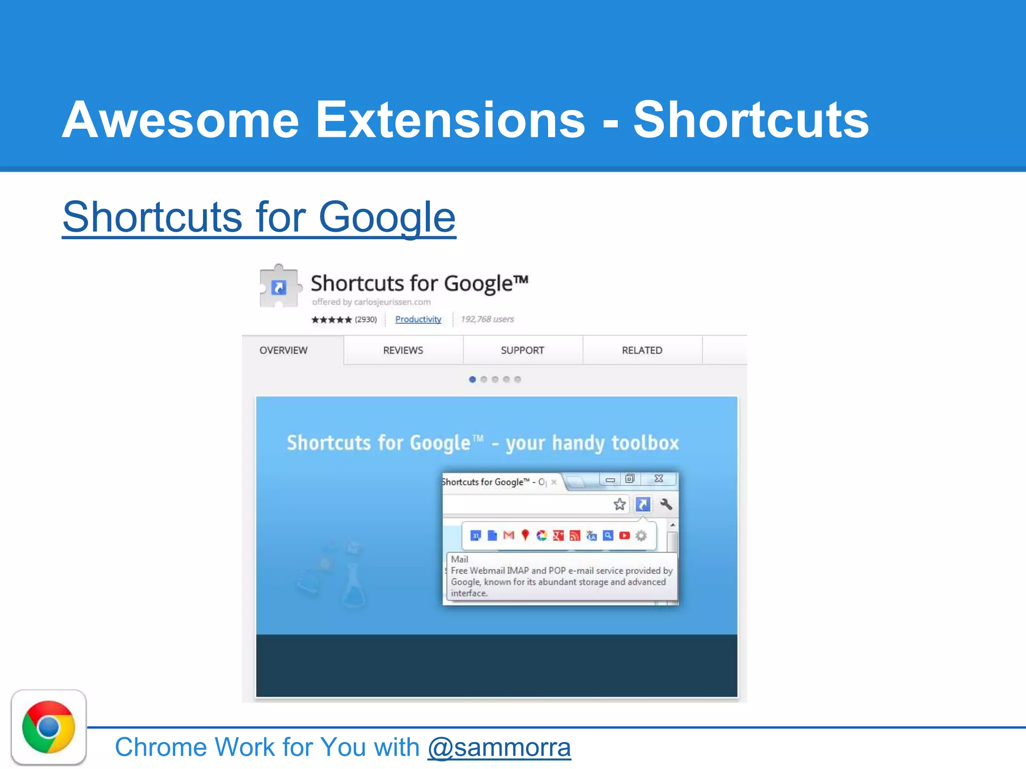 Awesome Extensions - Shortcuts
Shortcuts for Google
Chrome Work for You with @sammorra
 