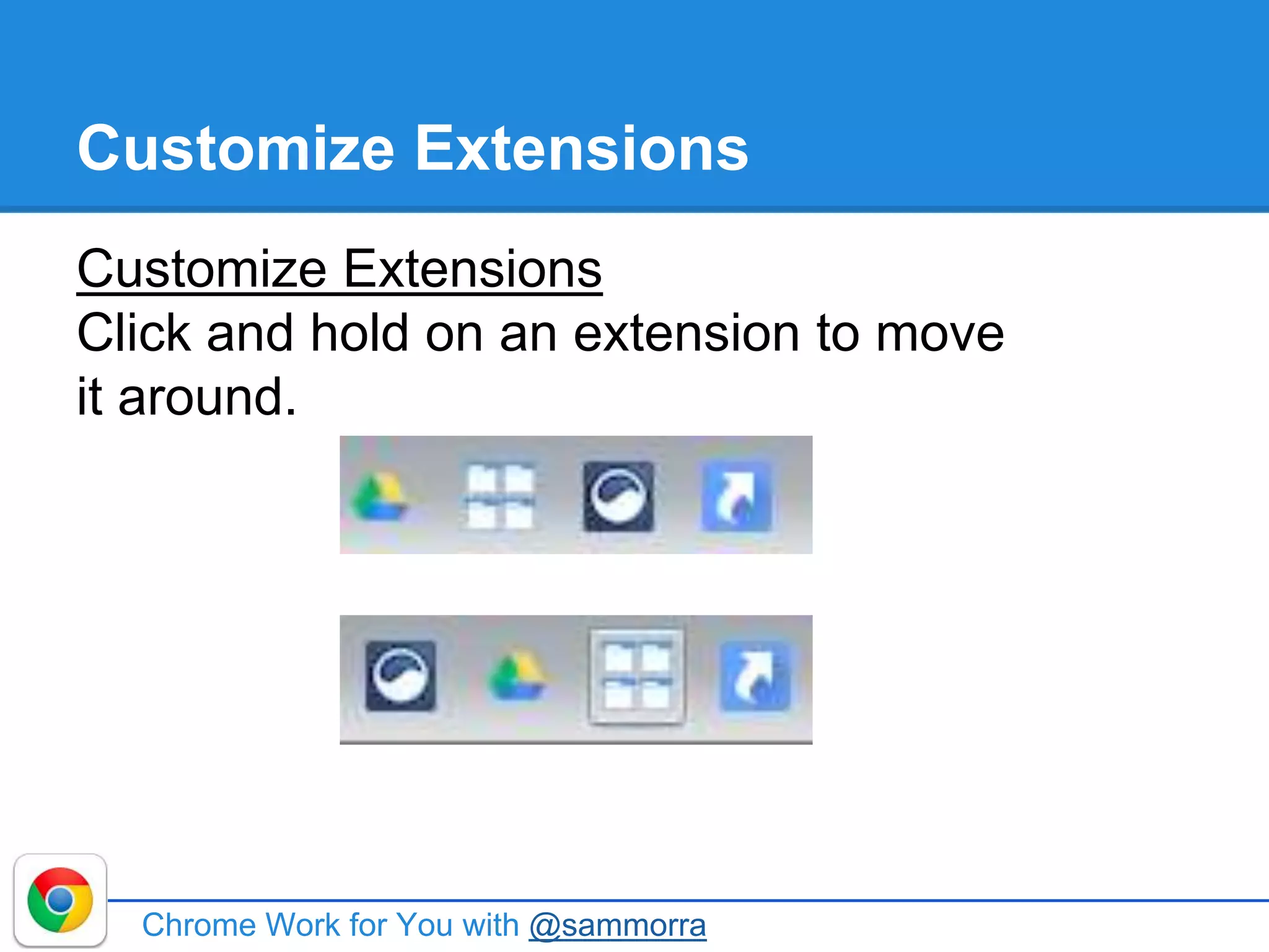 Customize Extensions
Customize Extensions
Click and hold on an extension to move
it around.
Chrome Work for You with @sammorra
 